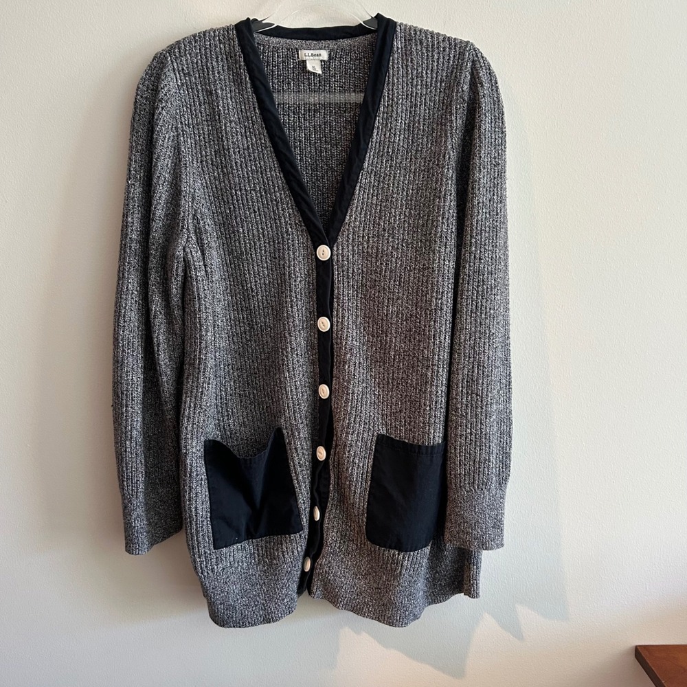 L.L. Bean Cardigan Sweater Gray XL Cotton Marled Knit Button Front Pockets